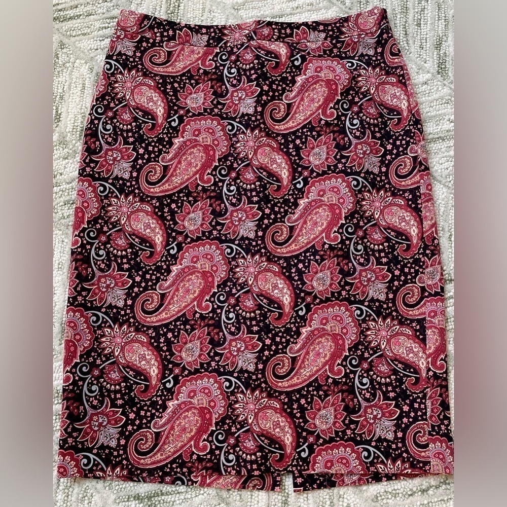 Talbots Size 14 Rust Black Pink Paisley Lined Pencil Skirt Zip Back